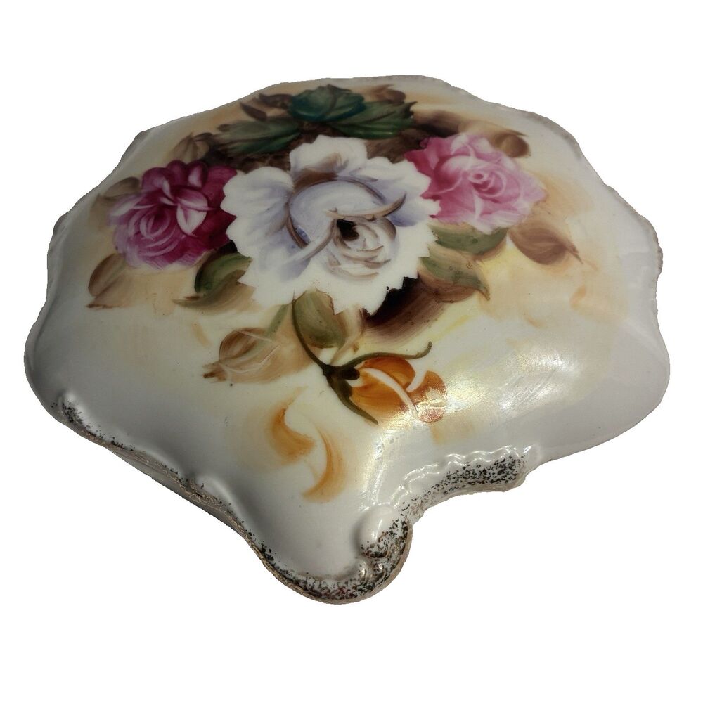 Vintage UCAGCO Japan Ceramic Hand Painted Floral Trinket Box W/Gilded Emboss Rim